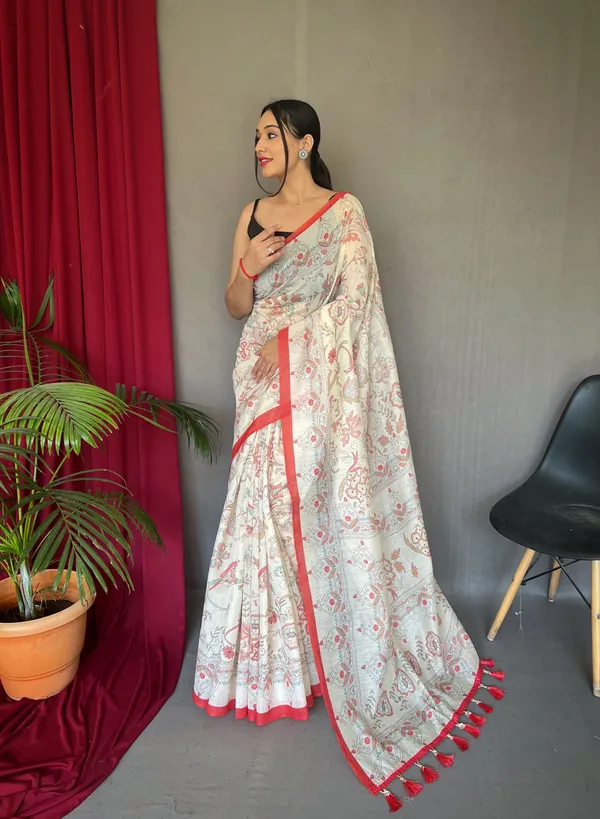 white_&_Red_Pure_Malai_Cotton_Sarees_With_Katha_Print_Work_With_Blouse_Piece_Attached